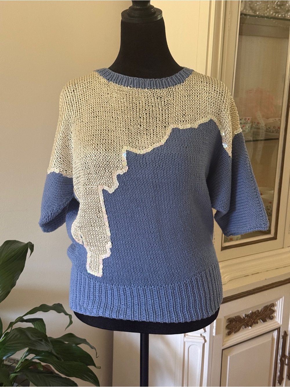 Women's Blue and Cream Colorblock Crewneck Sweater